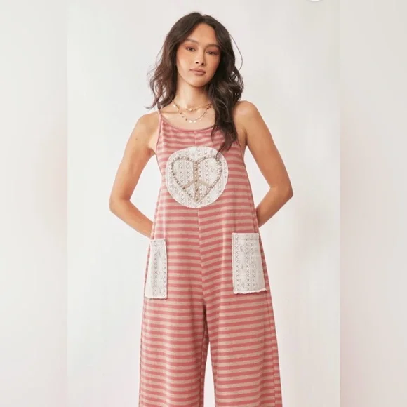Striped Pink Overalls with Heart Design. Striped French Terry Heart Jumpsuit - Picture 5 of 6
